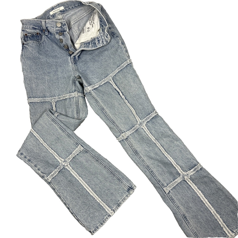 PACSUN Women 24 Jeans High Rise Boot Cut Frayed Patchwork Button Fly Light Wash